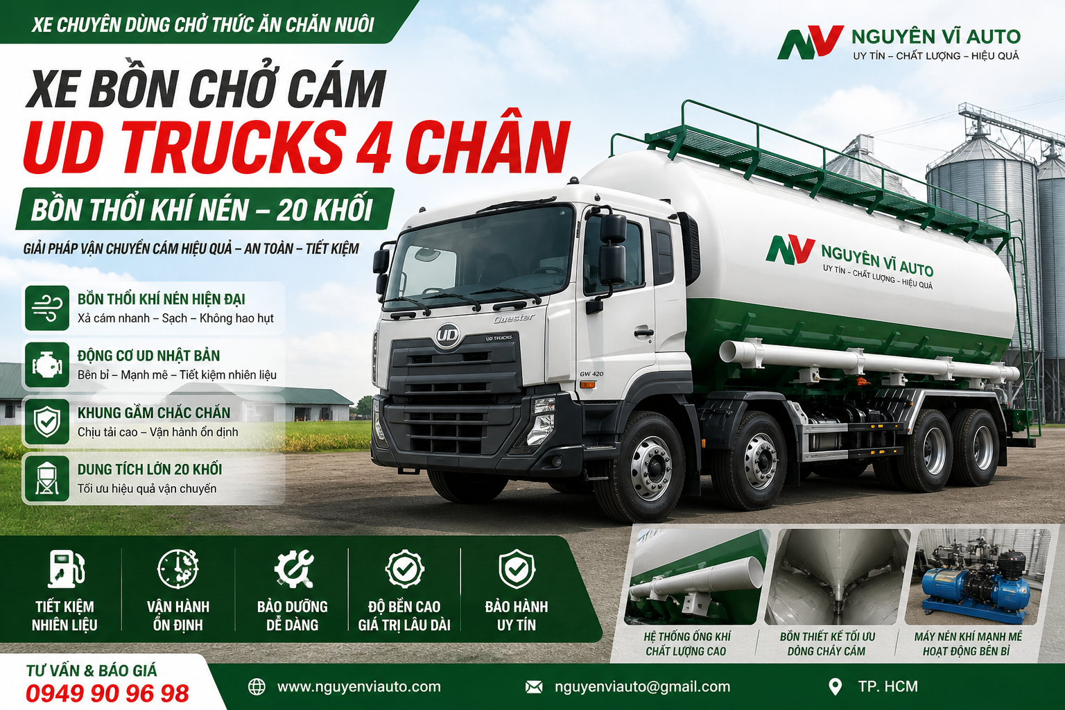 Xe bồn UD chở cám 4 chân thổi khí nén 29 khối
