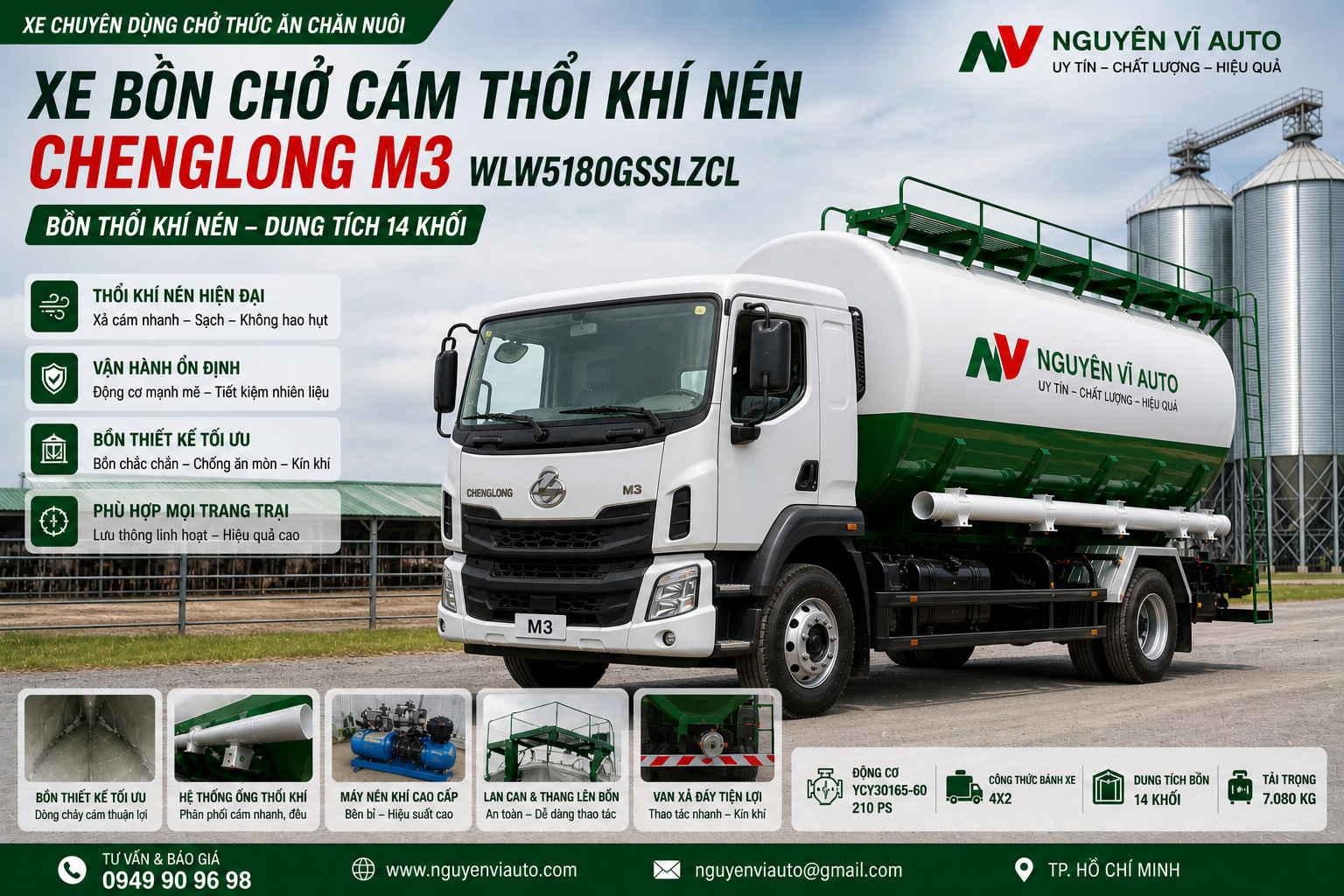 Xe bồn cám thổi CHENGLONG 14 khối, Xe bồn CHENGLONG chở cám 14 khối 8 tấn